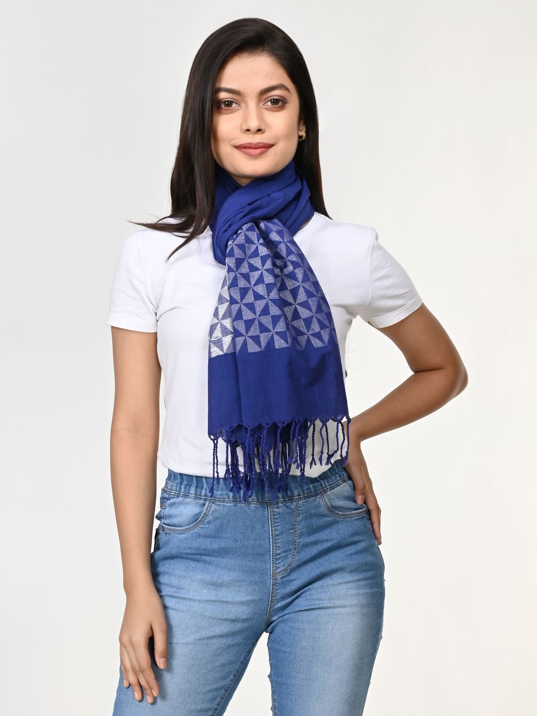 Handloom Blue White Jamdani Cotton  Stole