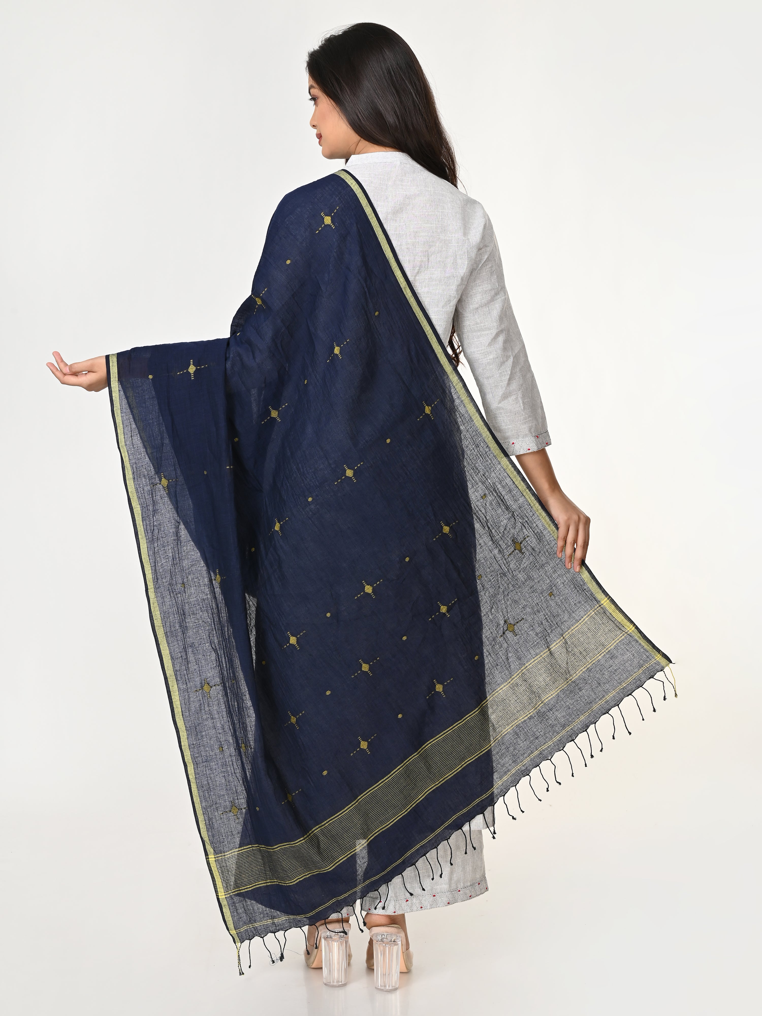 Navy Jamdani Mul Cotton Dupatta with tassels- NEW!