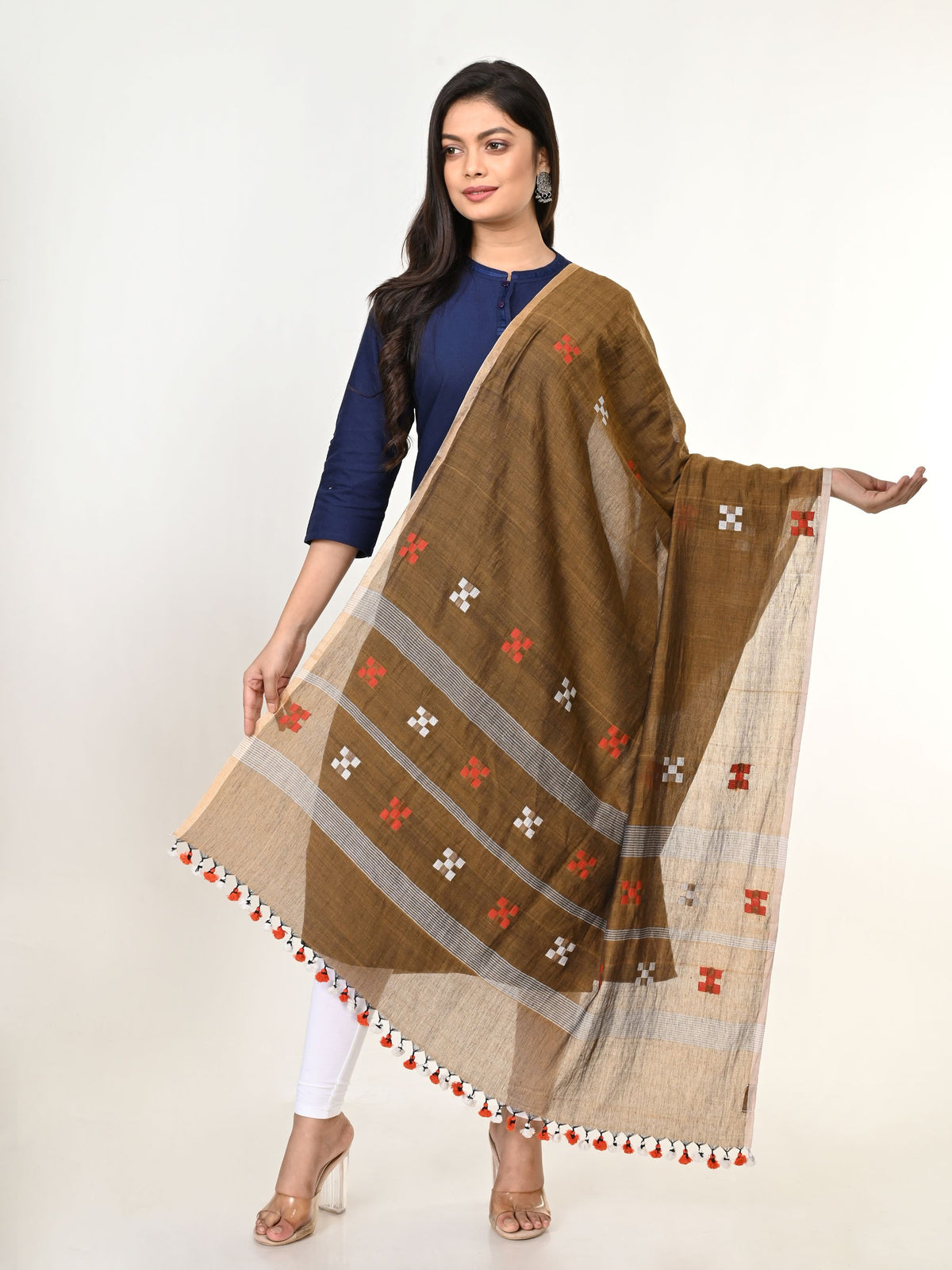 Brown Handloom Jamdani Cotton Dupatta