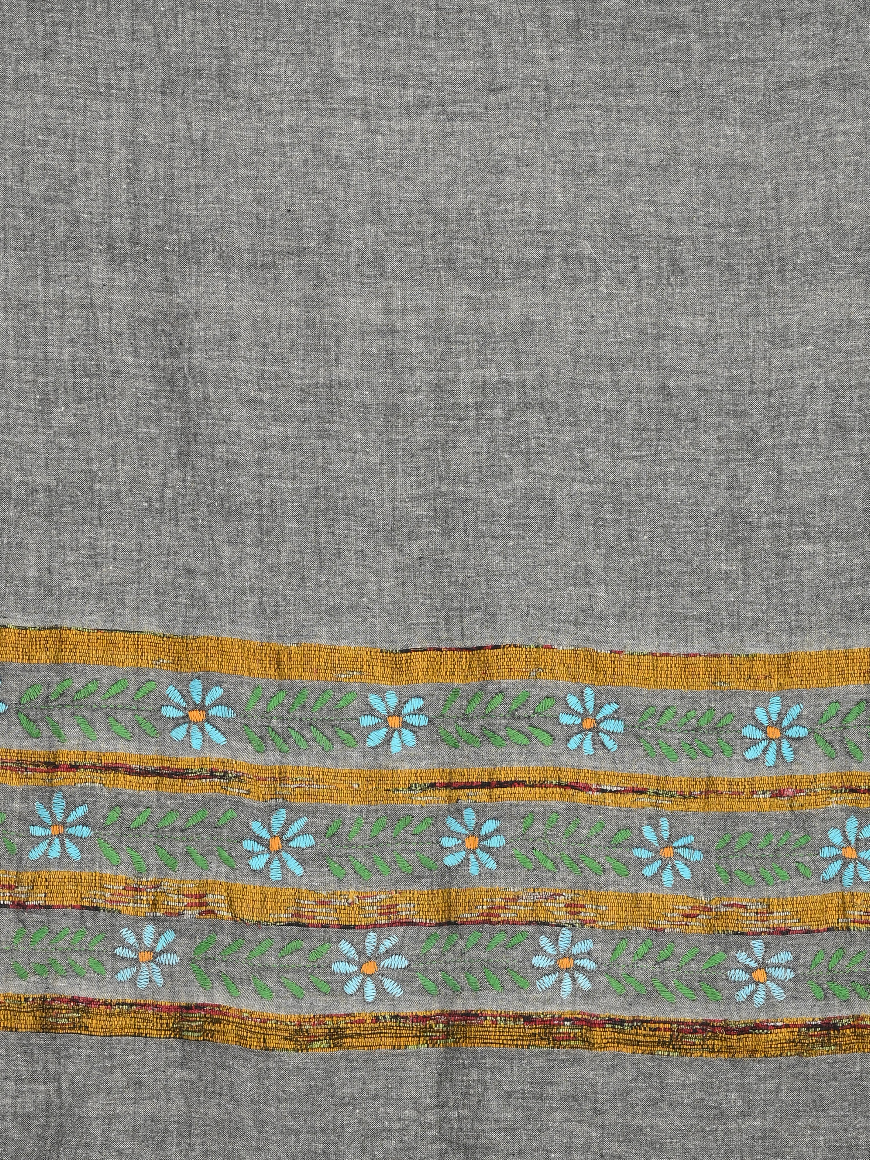 Grey Green Floral Cotton Khesh Kantha work  Stole for women