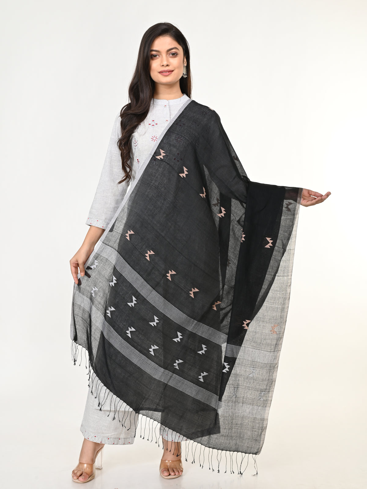 Black & White Handloom Jamdani Cotton Dupatta