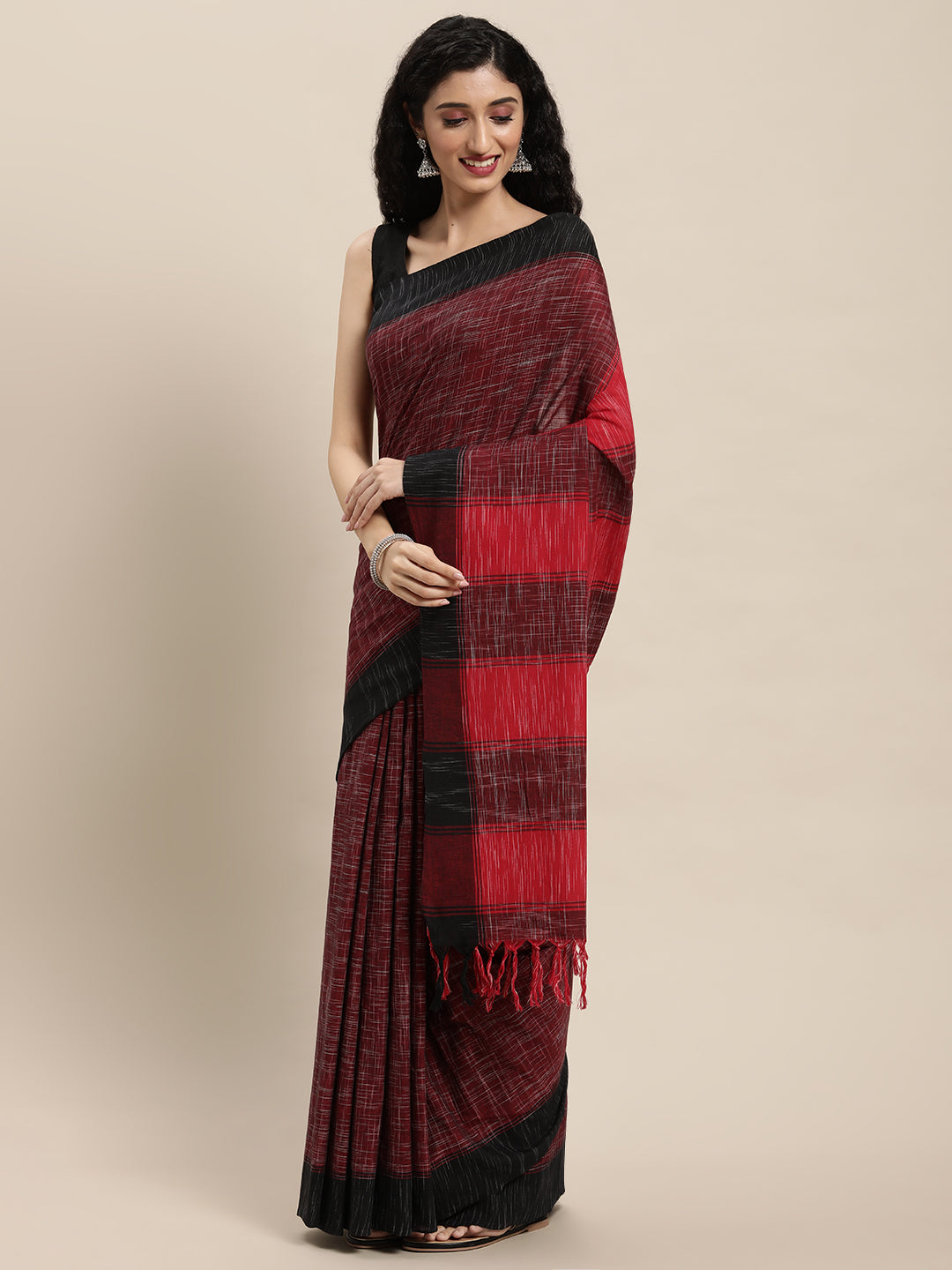 Red Black Handcrafted Cotton Saree