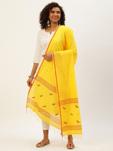 Yellow Mul Cotton Jamdani Dupatta with tassels- NEW!