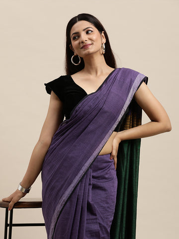 Purple Green Colour Block Cotton Saree with pompoms