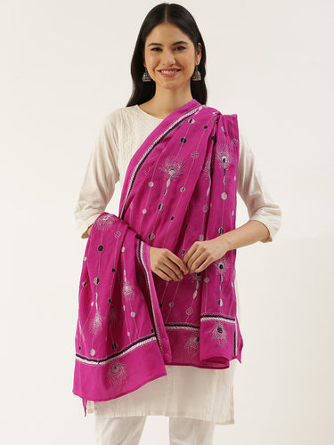 Pink Feathery Kantha Embroidered Cotton Dupatta