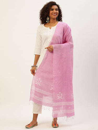 Pink & White Woven Mul Cotton Jamdani Dupatta with tassels- NEW!