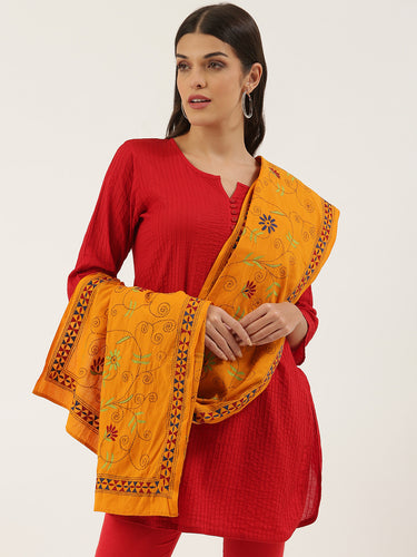 Yellow Kantha Embroidered Cotton Dupatta
