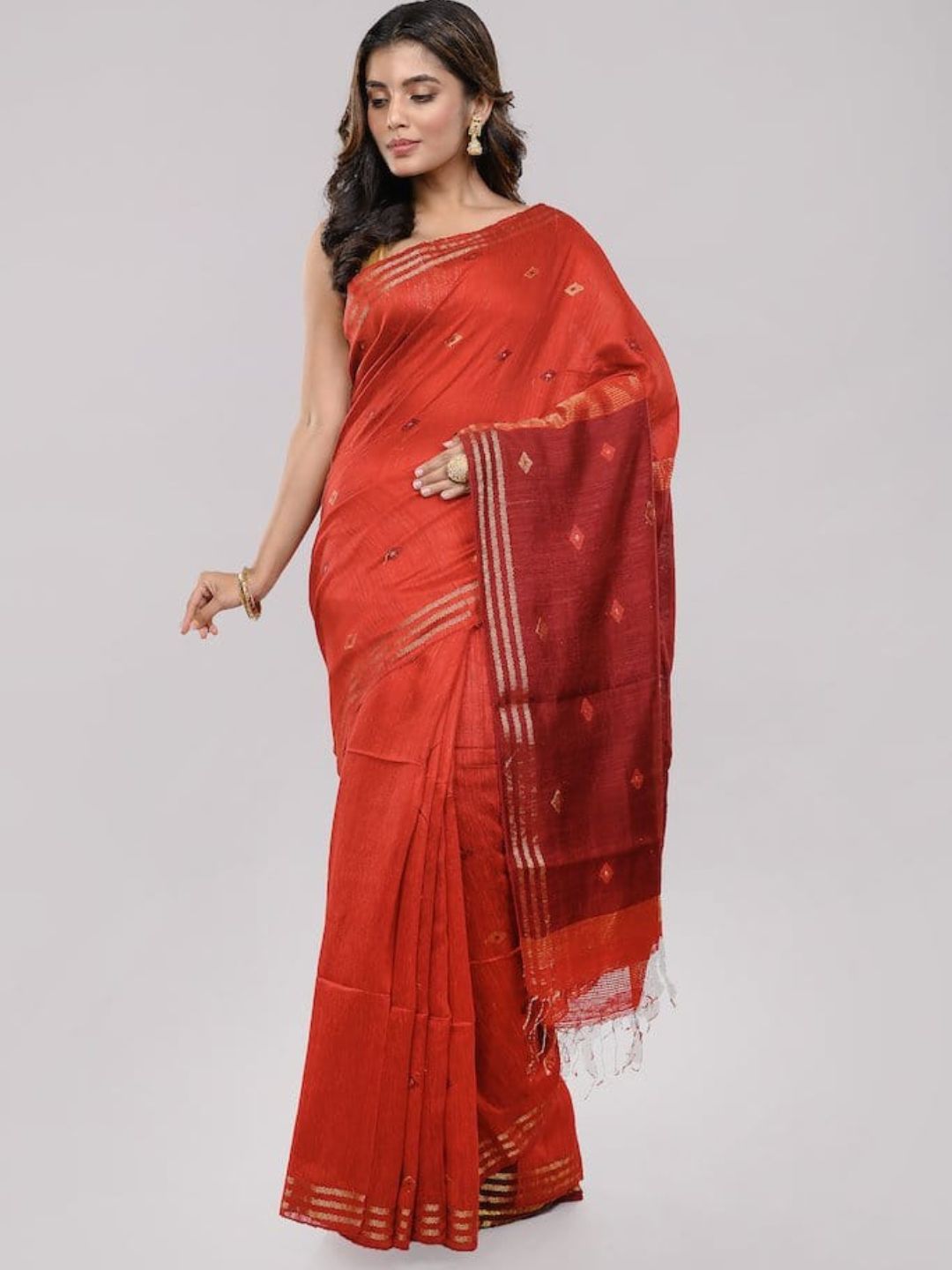 Red Maroon  Jamdani Matka Silk Saree