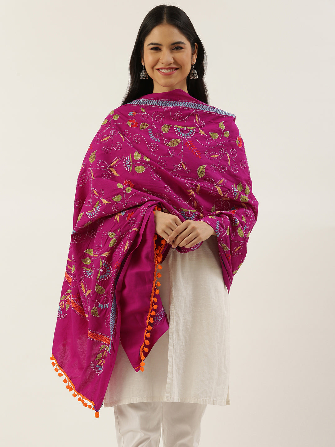 Magenta Kantha work  Cotton Dupatta