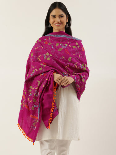 Magenta Kantha Embroidered Cotton Dupatta