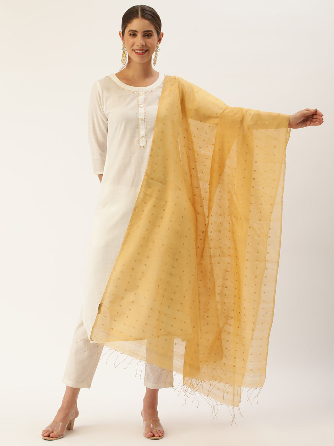 Handloom Beige & Gold Silk Cotton Sequins Dupatta- NEW!