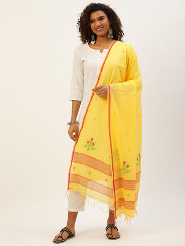 Handloom Yellow Mul Cotton Jamdani Dupatta with tassels- NEW!