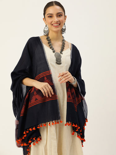 Midnight Blue Orange  Woven Cotton Jaquard Dupatta with tassels- NEW!