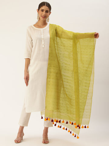 Green & Gold Sequins Silk Cotton Zari  Dupatta
