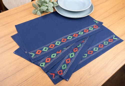 Blue, Red Hand Kantha Embroidered Cotton Table Mats- 4Pack