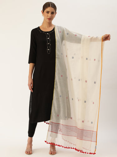 Cream & Red,Black Jamdani Cotton Handloom Dupatta