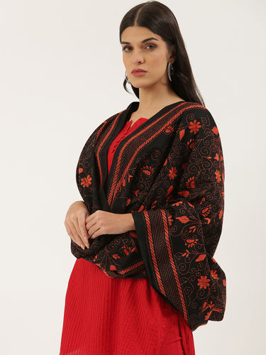 Stunning Black Orange Kantha Embroidered Cotton Dupatta