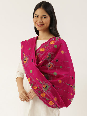 Magenta Yellow Kantha Cotton Dupatta