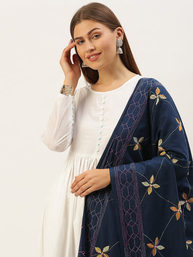 Navy Floral  Kantha Embroidered Cotton Dupatta