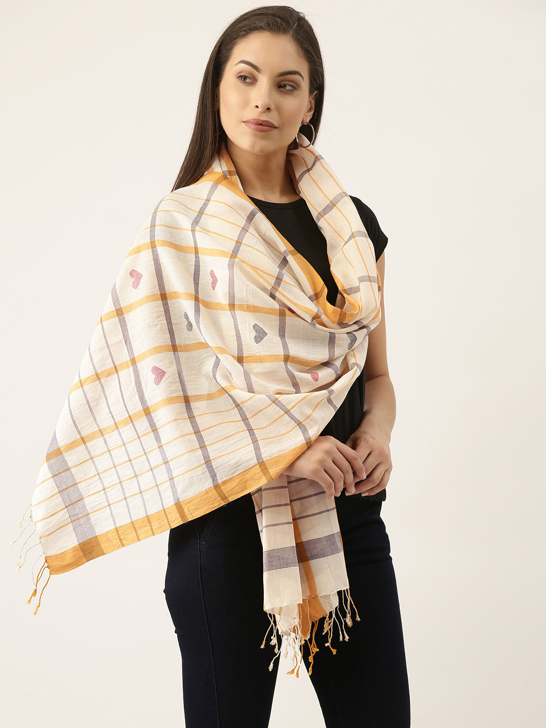 Yellow and Grey Woven  Checked Cotton Jamdani Stole for women