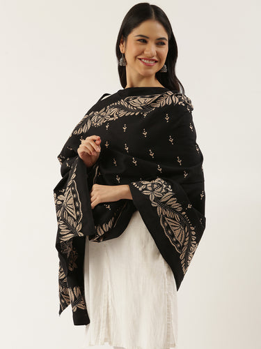 Black Beige Kantha Embroidered Cotton Dupatta