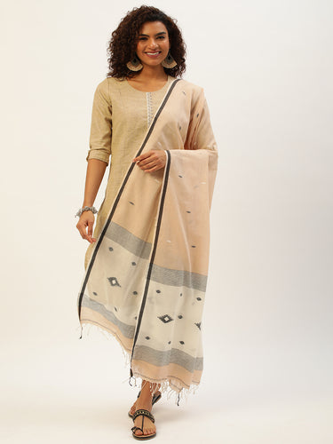 Handloom Beige Mul Cotton Jamdani Dupatta with tassels- NEW!