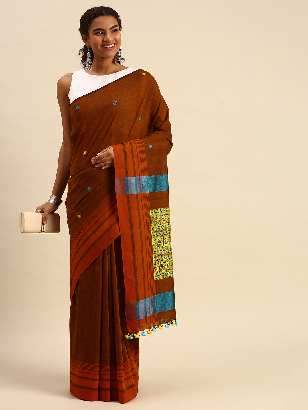 Brown Yellow Assamese Cotton Saree