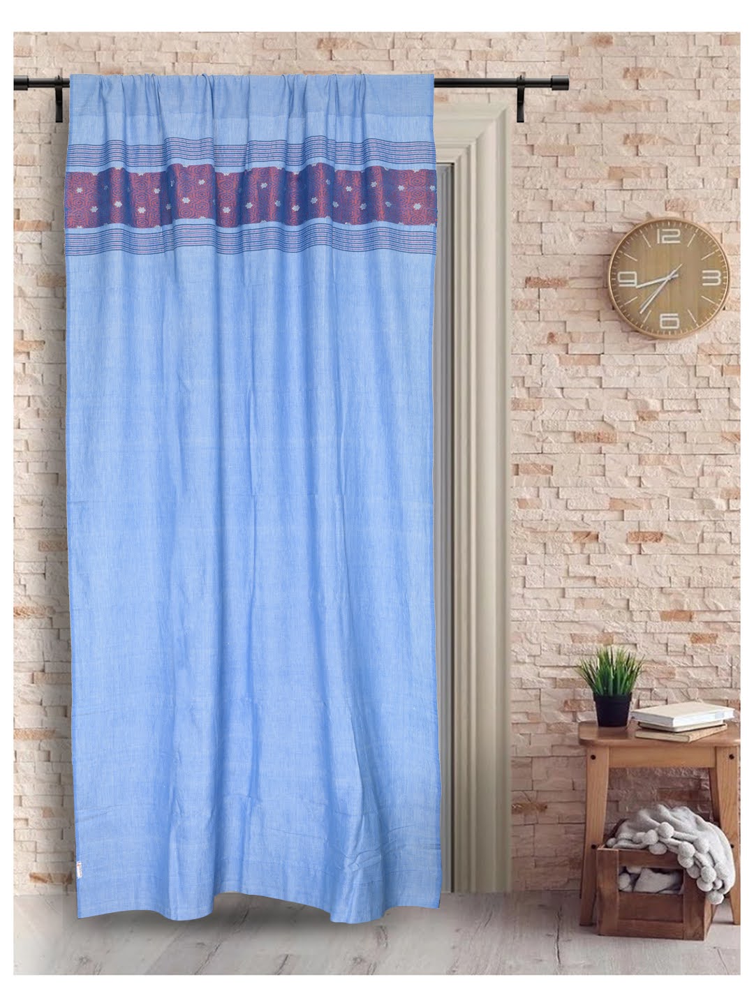 Handwoven Cotton  Blue Pink  Rod Pocket Door Curtain for home