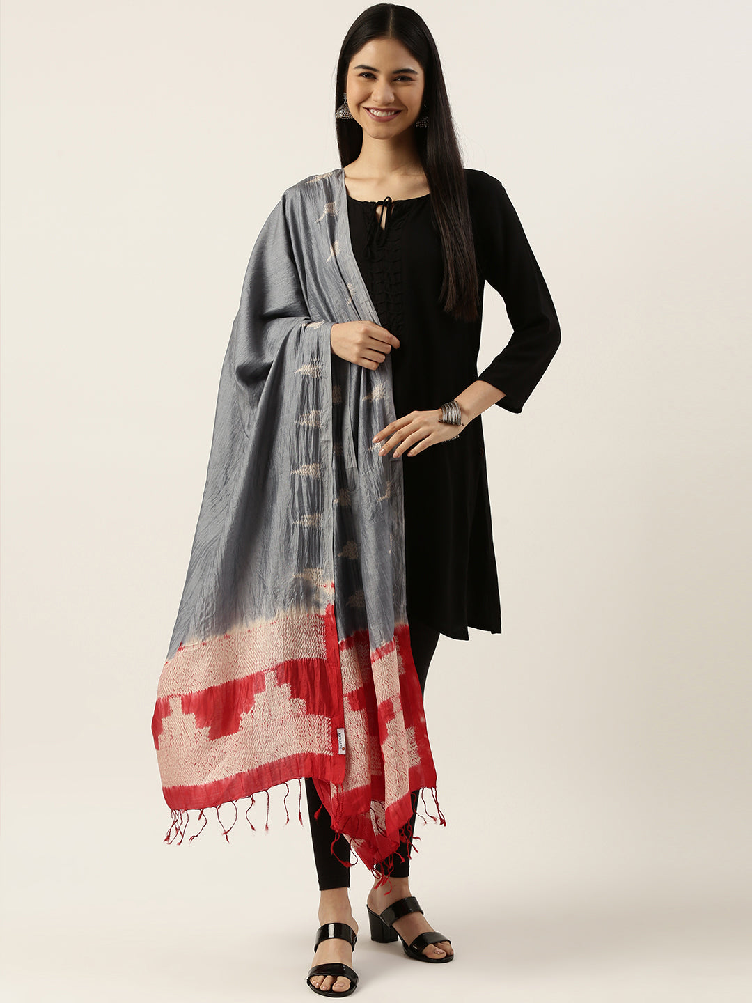 Stunning Handloom Grey Red Shibori Silk Dupatta