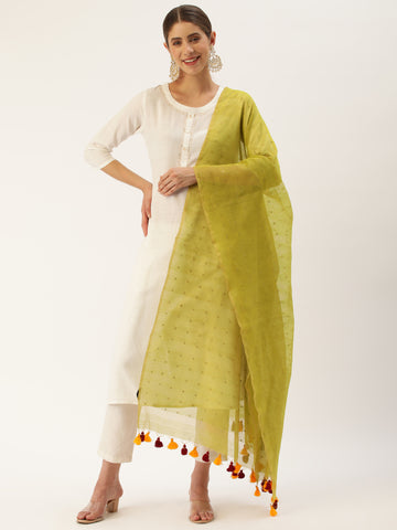 Green & Gold Sequins Silk Cotton Zari  Dupatta