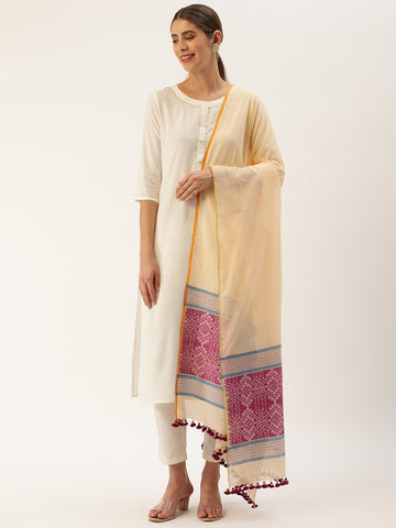 Beige and Violet Assamese Cotton Dupatta