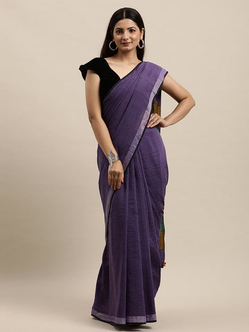 Purple Green Colour Block Cotton Saree with pompoms