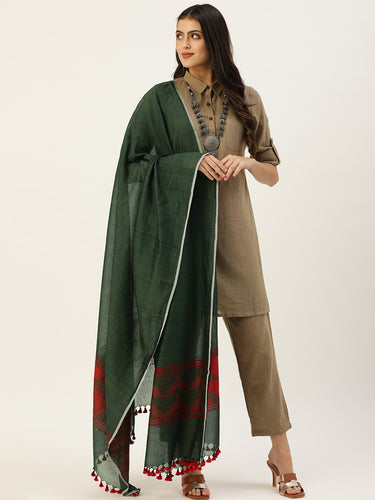 Green Red  Woven Cotton Jaquard Dupatta with tassels- NEW!