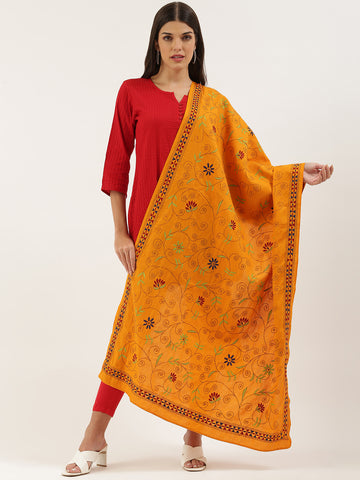 Yellow Kantha Embroidered Cotton Dupatta