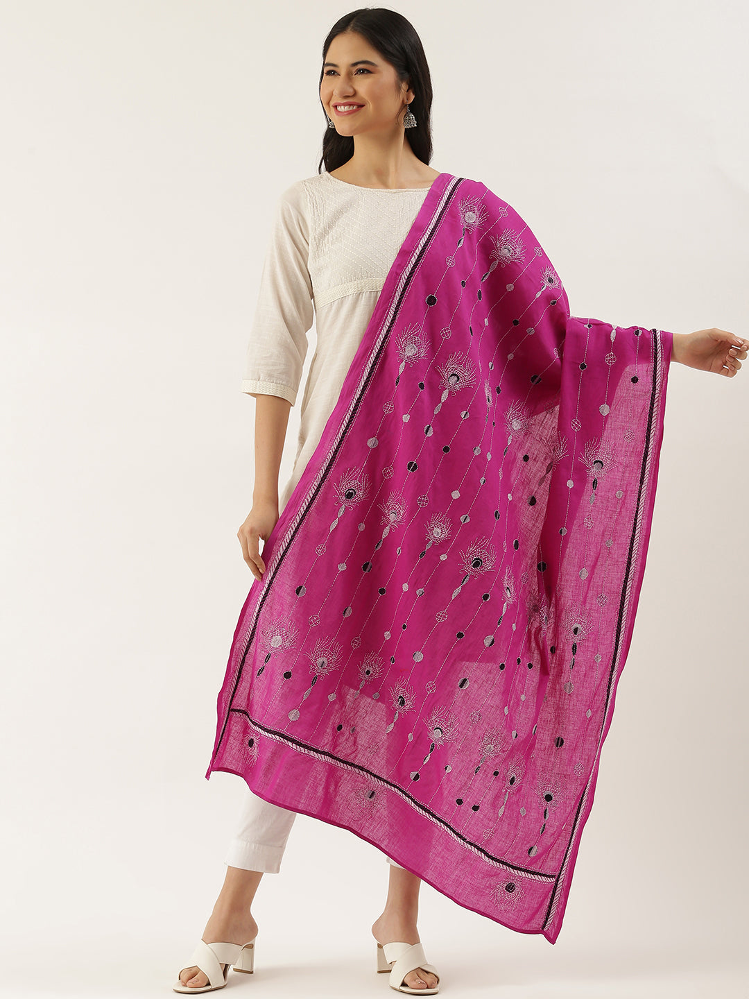 Pink Feathery Kantha work Stitch Cotton Dupatta