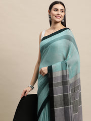 Sky Blue Grey Handcrafted Cotton Saree with pompoms