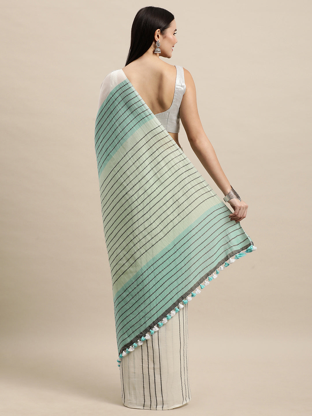 Cream Green Handcrafted Striped Cotton Saree with pompoms