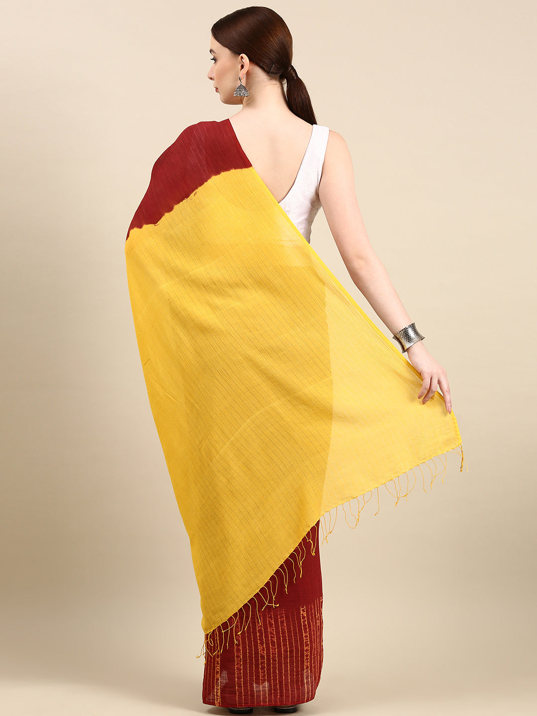 Maroon Yellow Handcrafted Shibori Woven Cotton  Saree