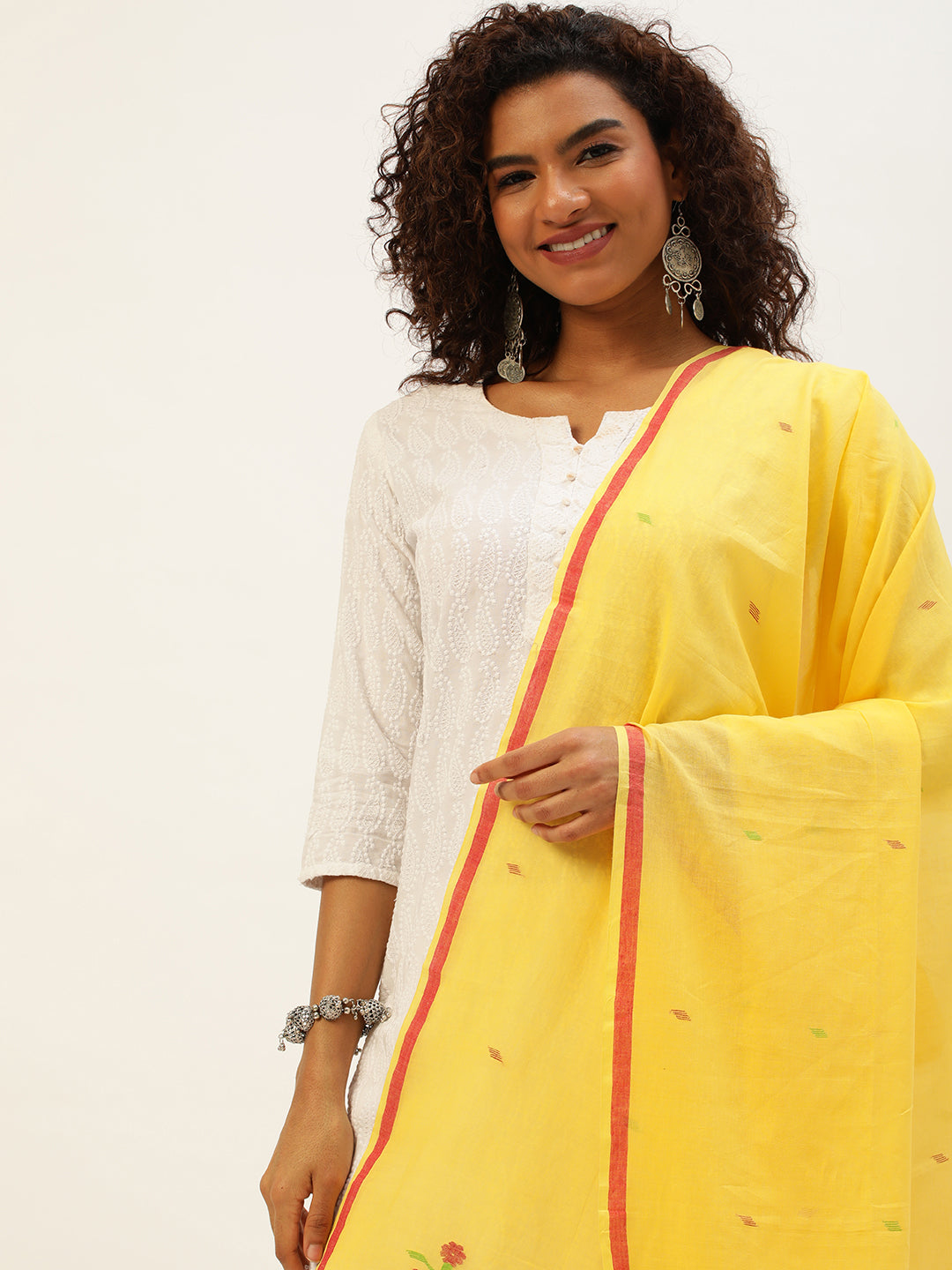 Handcrafted Yellow Jamdani Mul Cotton Dupatta with tassels- NEW!