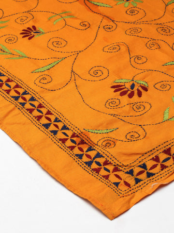 Yellow Kantha Embroidered Cotton Dupatta