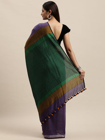 Purple Green Colour Block Cotton Saree with pompoms