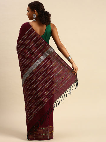 Maroon Yellow Khesh Kantha Stitch Cotton Saree