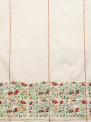 Cream Floral Handcrafted Khesh Kantha   Stitch Cotton Saree