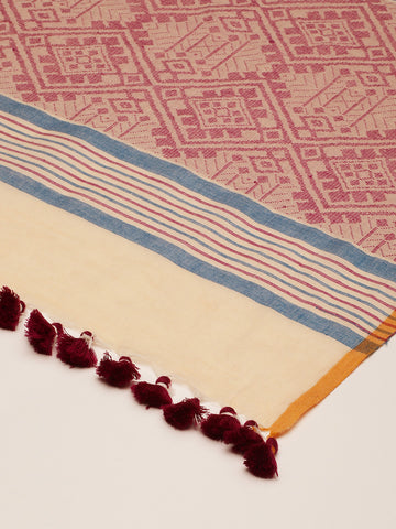 Beige and Violet Assamese Cotton Dupatta
