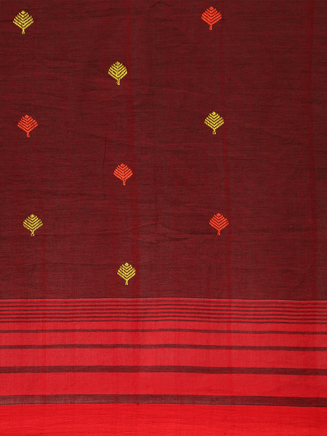 New Burgundy Yellow Handcrafted Assamese Cotton  Saree with pompoms
