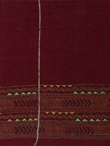 Maroon Yellow Khesh Kantha Stitch Cotton Saree