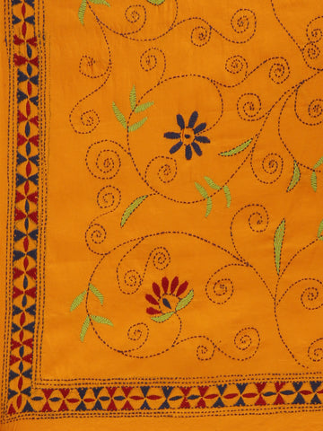 Yellow Kantha Embroidered Cotton Dupatta