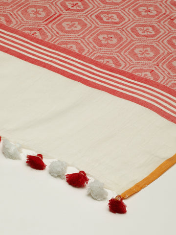 New Cream Red Assamese Cotton Dupatta