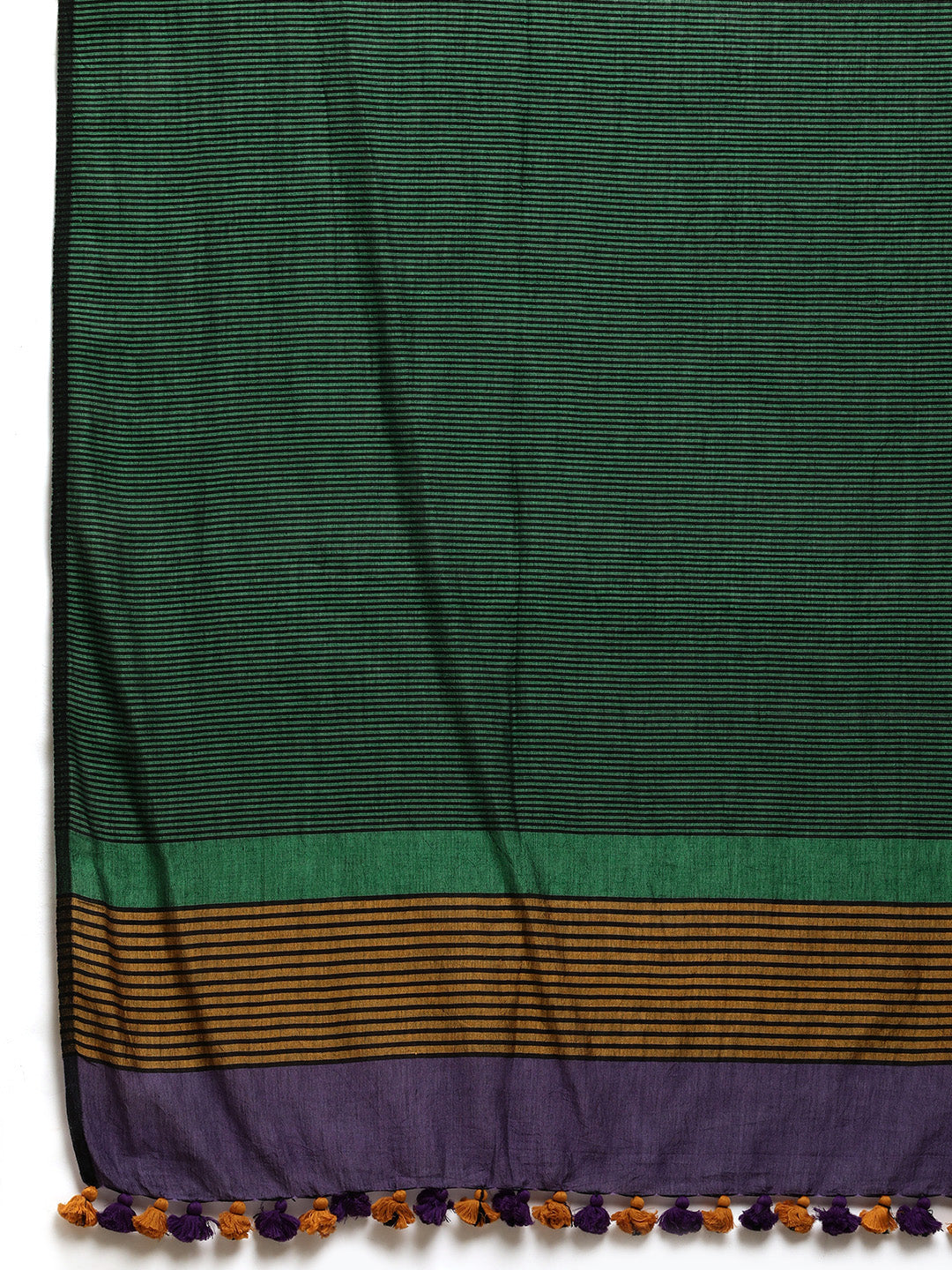 Purple Green Colour Block Cotton Saree with pompoms