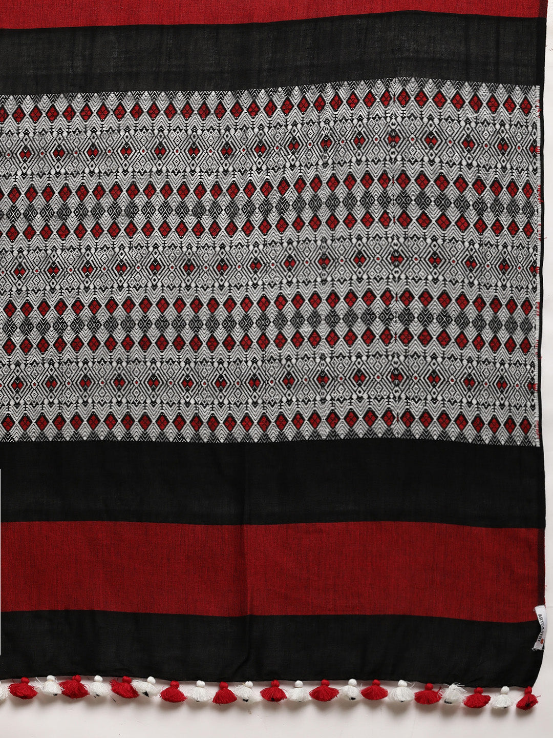 Black Red Assamese Cotton  Saree with pompoms
